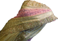 SMSAREE Golden & Pink Designer Wedding Partywear Georgette Stone Thread Beads & Zari Hand Embroidery Work Bridal Saree Sari With Blouse Piece F285