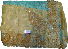 SMSAREE Golden & Turquoise Designer Wedding Partywear Georgette Stone Thread Beads & Zari Hand Embroidery Work Bridal Saree Sari With Blouse Piece F286