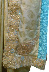 SMSAREE Golden & Turquoise Designer Wedding Partywear Georgette Stone Thread Beads & Zari Hand Embroidery Work Bridal Saree Sari With Blouse Piece F286