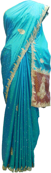 SMSAREE Blue & Brown Designer Wedding Partywear Silk Stone & Zari Hand Embroidery Work Bridal Saree Sari With Blouse Piece F287