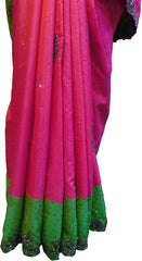 SMSAREE Pink & Green Designer Wedding Partywear Silk Stone Thread & Zari Hand Embroidery Work Bridal Saree Sari With Blouse Piece F290