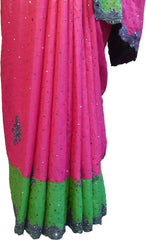 SMSAREE Pink & Green Designer Wedding Partywear Silk Stone Thread & Zari Hand Embroidery Work Bridal Saree Sari With Blouse Piece F291