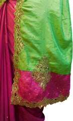 SMSAREE Green & Pink Designer Wedding Partywear Silk Stone & Zari Hand Embroidery Work Bridal Saree Sari With Blouse Piece F292