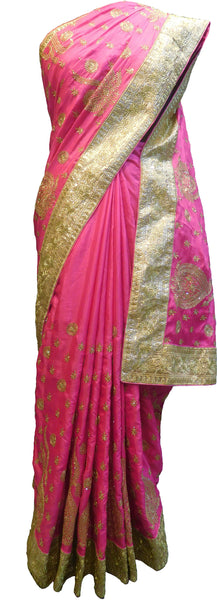 SMSAREE Pink Designer Wedding Partywear Silk Stone Cutdana & Zari Hand Embroidery Work Bridal Saree Sari With Blouse Piece F294