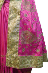 SMSAREE Pink Designer Wedding Partywear Silk Stone Cutdana & Zari Hand Embroidery Work Bridal Saree Sari With Blouse Piece F294
