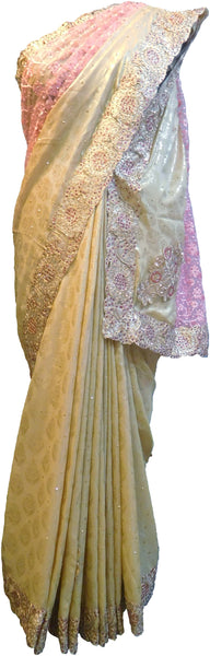 SMSAREE Golden & Pink Designer Wedding Partywear Georgette Stone Thread Beads & Zari Hand Embroidery Work Bridal Saree Sari With Blouse Piece F296
