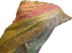 SMSAREE Golden & Pink Designer Wedding Partywear Georgette Stone Thread Beads & Zari Hand Embroidery Work Bridal Saree Sari With Blouse Piece F296