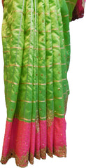 SMSAREE Green & Pink Designer Wedding Partywear Silk Stone & Zari Hand Embroidery Work Bridal Saree Sari With Blouse Piece F298