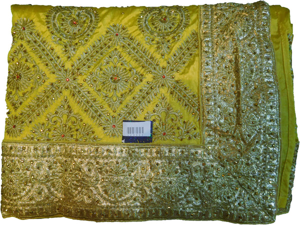 SMSAREE Yellow Designer Wedding Partywear Silk Stone Zari & Cutdana Hand Embroidery Work Bridal Saree Sari With Blouse Piece F300