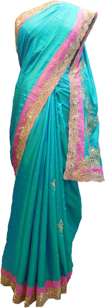 SMSAREE Turquoise & Pink Designer Wedding Partywear Silk Stone & Zari Hand Embroidery Work Bridal Saree Sari With Blouse Piece F302