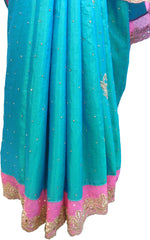 SMSAREE Turquoise & Pink Designer Wedding Partywear Silk Stone & Zari Hand Embroidery Work Bridal Saree Sari With Blouse Piece F302
