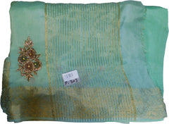 SMSAREE Turquoise Designer Wedding Partywear Crepe (Chinon) Bullion Sequence Thread Zardozi & Zari Hand Embroidery Work Bridal Saree Sari With Blouse Piece F303