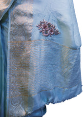 SMSAREE Turquoise Designer Wedding Partywear Crepe (Chinon) Bullion Sequence Thread Zardozi & Zari Hand Embroidery Work Bridal Saree Sari With Blouse Piece F303