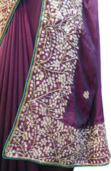 SMSAREE Wine Designer Wedding Partywear Crepe (Chinon) Zari & Cutdana Hand Embroidery Work Bridal Saree Sari With Blouse Piece F305