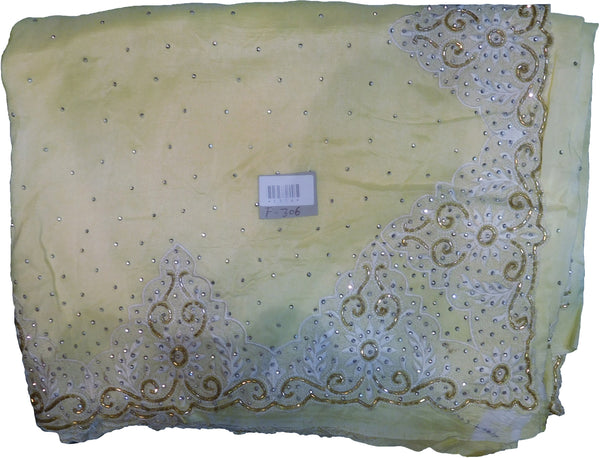 SMSAREE Yellow Designer Wedding Partywear Crepe (Chinon) Stone Thread & Cutdana Hand Embroidery Work Bridal Saree Sari With Blouse Piece F306