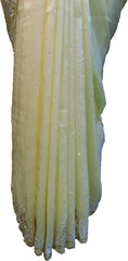 SMSAREE Yellow Designer Wedding Partywear Crepe (Chinon) Stone Thread & Cutdana Hand Embroidery Work Bridal Saree Sari With Blouse Piece F306