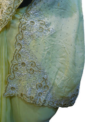 SMSAREE Yellow Designer Wedding Partywear Crepe (Chinon) Stone Thread & Cutdana Hand Embroidery Work Bridal Saree Sari With Blouse Piece F306