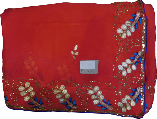 SMSAREE Red Designer Wedding Partywear Georgette (Viscos) Zari Thread & Cutdana Hand Embroidery Work Bridal Saree Sari With Blouse Piece F307