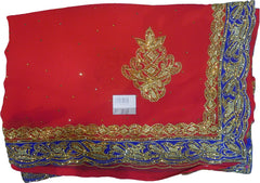 SMSAREE Red & Blue Designer Wedding Partywear Georgette Stone & Zari Hand Embroidery Work Bridal Saree Sari With Blouse Piece F308
