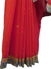SMSAREE Red & Blue Designer Wedding Partywear Georgette Stone & Zari Hand Embroidery Work Bridal Saree Sari With Blouse Piece F308