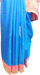 SMSAREE Blue & Pink Designer Wedding Partywear Silk Stone & Zari Hand Embroidery Work Bridal Saree Sari With Blouse Piece F309