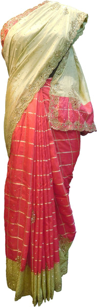 SMSAREE Beige & Pink Designer Wedding Partywear Silk Stone & Zari Hand Embroidery Work Bridal Saree Sari With Blouse Piece F310