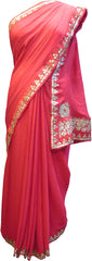 SMSAREE Pink Designer Wedding Partywear Crepe (Chinon) Stone Gotal & Zari Hand Embroidery Work Bridal Saree Sari With Blouse Piece F311