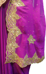 SMSAREE Wine Designer Wedding Partywear Georgette Stone & Zari Hand Embroidery Work Bridal Saree Sari With Blouse Piece F312