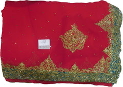 SMSAREE Red & Turquoise Designer Wedding Partywear Georgette Stone & Zari Hand Embroidery Work Bridal Saree Sari With Blouse Piece F313