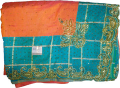 SMSAREE Orange & Turquoise Designer Wedding Partywear Silk Stone & Zari Hand Embroidery Work Bridal Saree Sari With Blouse Piece F314