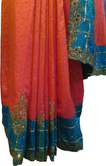 SMSAREE Orange & Turquoise Designer Wedding Partywear Silk Stone & Zari Hand Embroidery Work Bridal Saree Sari With Blouse Piece F314