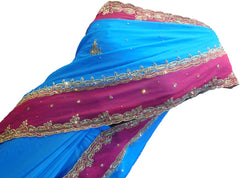 SMSAREE Blue & Red Designer Wedding Partywear Crepe (Chinon) Stone & Zari Hand Embroidery Work Bridal Saree Sari With Blouse Piece F315