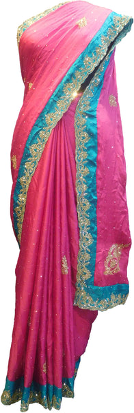 SMSAREE Pink & Turquoise Designer Wedding Partywear Crepe (Chinon) Stone & Zari Hand Embroidery Work Bridal Saree Sari With Blouse Piece F316