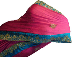 SMSAREE Pink & Turquoise Designer Wedding Partywear Crepe (Chinon) Stone & Zari Hand Embroidery Work Bridal Saree Sari With Blouse Piece F316