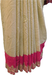 SMSAREE Beige & Pink Designer Wedding Partywear Crepe (Chinon) Stone & Zari Hand Embroidery Work Bridal Saree Sari With Blouse Piece F317