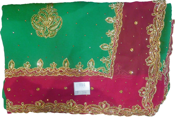 SMSAREE Green & Red Designer Wedding Partywear Crepe (Chinon) Stone & Zari Hand Embroidery Work Bridal Saree Sari With Blouse Piece F318