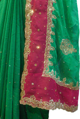 SMSAREE Green & Red Designer Wedding Partywear Crepe (Chinon) Stone & Zari Hand Embroidery Work Bridal Saree Sari With Blouse Piece F318