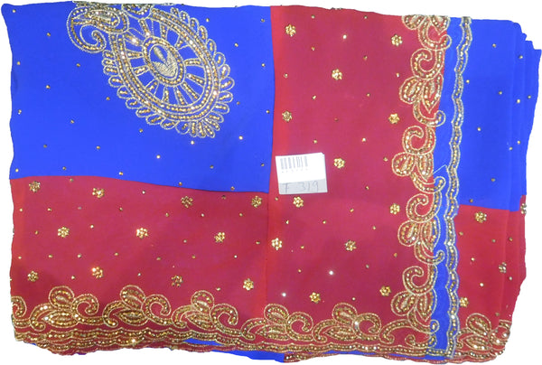 SMSAREE Blue & Red Designer Wedding Partywear Crepe (Chinon) Stone & Zari Hand Embroidery Work Bridal Saree Sari With Blouse Piece F319