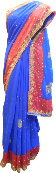 SMSAREE Blue & Red Designer Wedding Partywear Crepe (Chinon) Stone & Zari Hand Embroidery Work Bridal Saree Sari With Blouse Piece F319