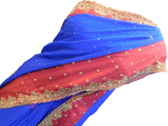 SMSAREE Blue & Red Designer Wedding Partywear Crepe (Chinon) Stone & Zari Hand Embroidery Work Bridal Saree Sari With Blouse Piece F319