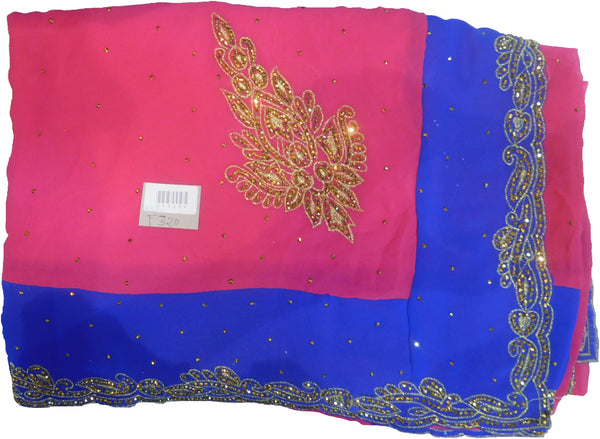 SMSAREE Red & Blue Designer Wedding Partywear Georgette Stone & Zari Hand Embroidery Work Bridal Saree Sari With Blouse Piece F320