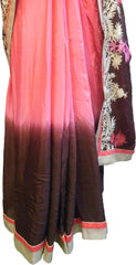 SMSAREE Coffee Brown Designer Wedding Partywear Silk Thread Hand Embroidery Work Bridal Saree Sari With Blouse Piece F343