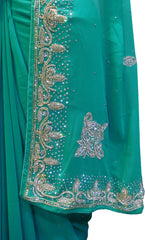 SMSAREE Turquoise Designer Wedding Partywear Georgette Stone & Bullion Hand Embroidery Work Bridal Saree Sari With Blouse Piece F344