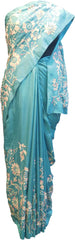 SMSAREE Turquoise Designer Wedding Partywear Silk Thread Hand Embroidery Work Bridal Saree Sari With Blouse Piece F345