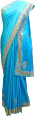 SMSAREE Turquoise Designer Wedding Partywear Silk Thread Stone & Cutdana Hand Embroidery Work Bridal Saree Sari With Blouse Piece F347