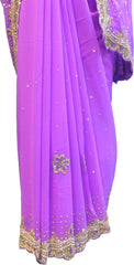 SMSAREE Purple Designer Wedding Partywear Georgette Cutdana Stone Beads Thread & Bullion Hand Embroidery Work Bridal Saree Sari With Blouse Piece F354