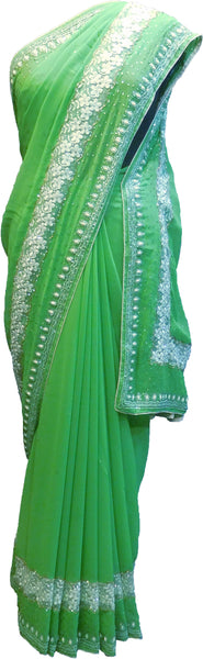 SMSAREE Green Designer Wedding Partywear Georgette Cutdana Stone Beads & Pearl Hand Embroidery Work Bridal Saree Sari With Blouse Piece F356