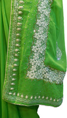 SMSAREE Green Designer Wedding Partywear Georgette Cutdana Stone Beads & Pearl Hand Embroidery Work Bridal Saree Sari With Blouse Piece F356