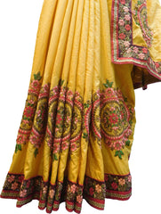 SMSAREE Yellow Designer Wedding Partywear Silk Cutdana Stone Beads Thread Sequence & Zari Hand Embroidery Work Bridal Saree Sari With Blouse Piece F357