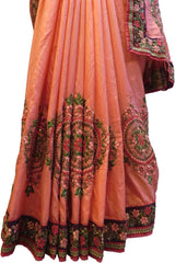 SMSAREE Peach Designer Wedding Partywear Silk Cutdana Stone Beads Thread Sequence & Zari Hand Embroidery Work Bridal Saree Sari With Blouse Piece F359